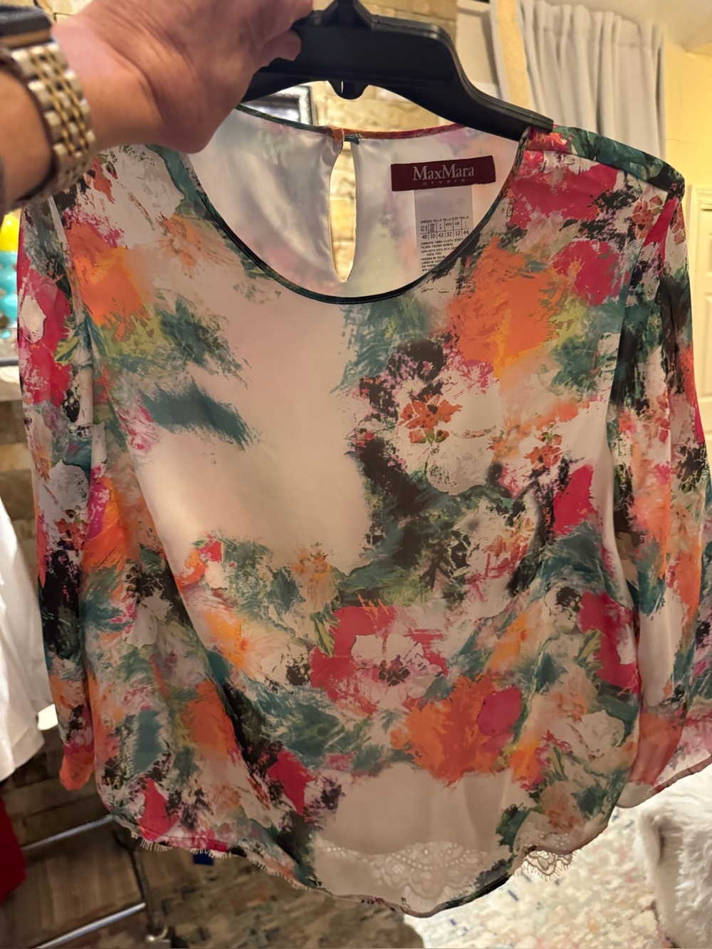 MaxMara Sheer Watercolor Floral Blouse in Pink, Orange, Green, Cream